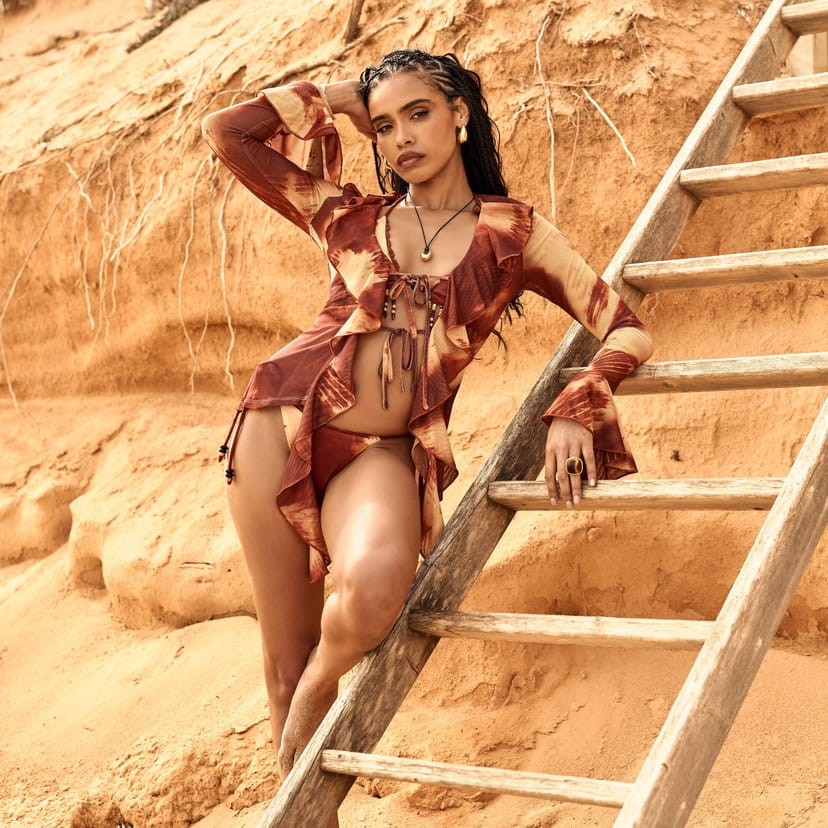 EGO Long Sleeve Tie Front Frilled Beach Top In Rust Abstract Print, Women's Size UK 6 - 1