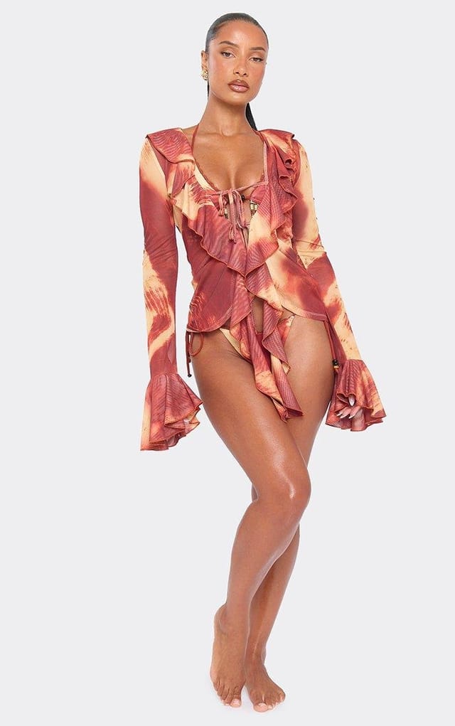 EGO Long Sleeve Tie Front Frilled Beach Top In Rust Abstract Print, Women's Size UK 6 - 2