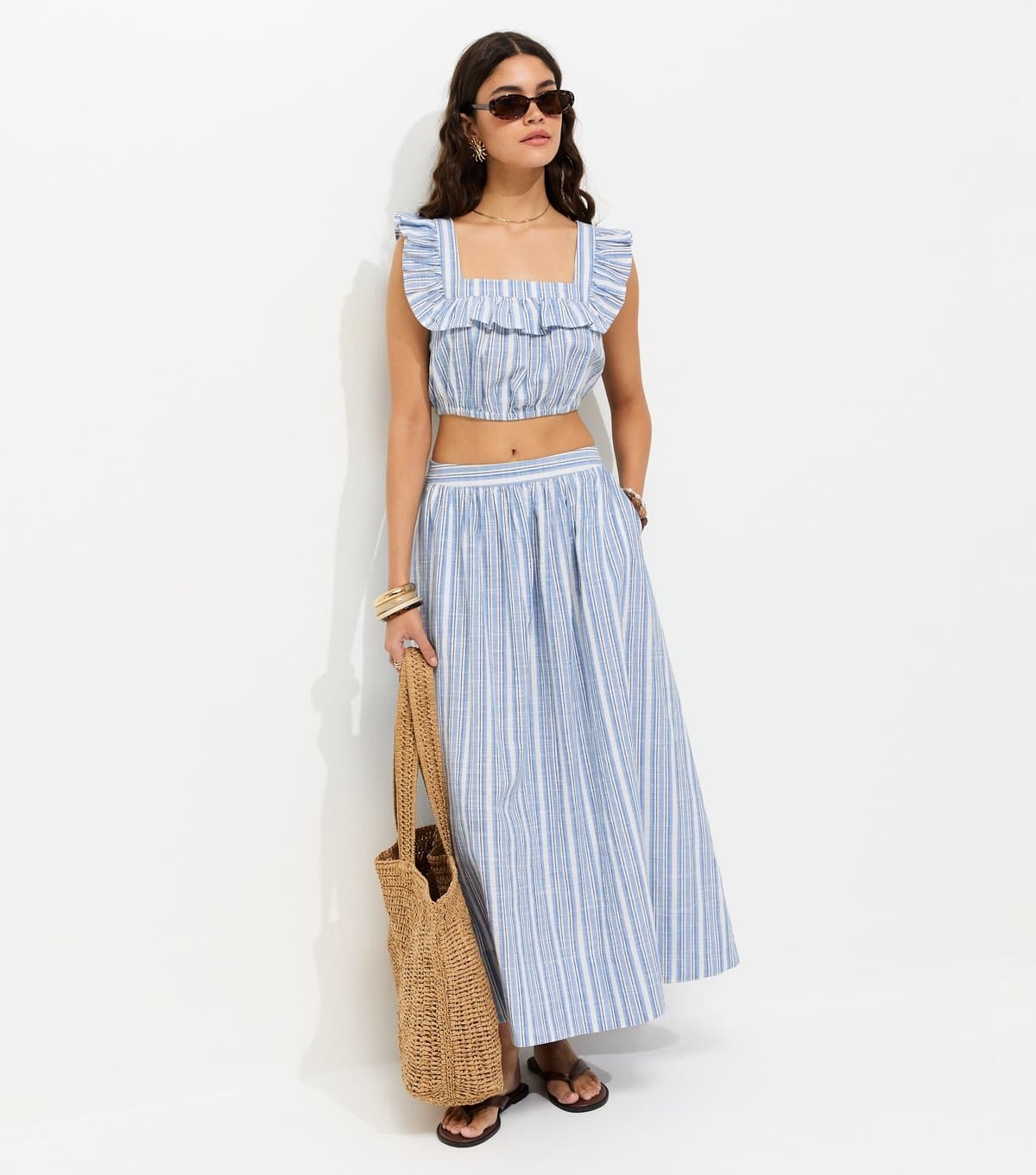 New Look Women's Blue Cotton Poplin Striped Circle Midi Skirt New Look