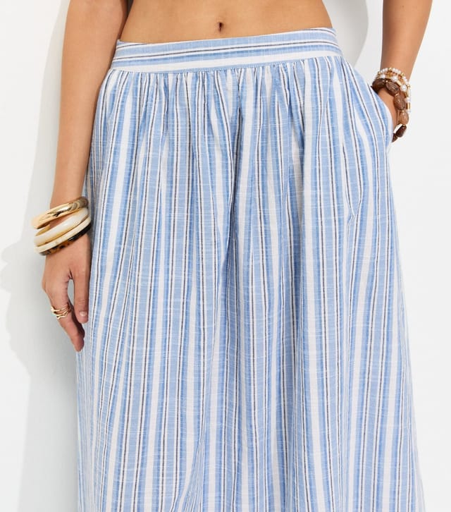 New Look Women's Blue Cotton Poplin Striped Circle Midi Skirt New Look - 2