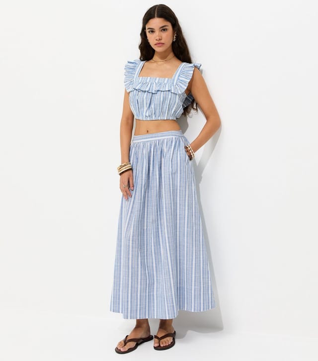 New Look Women's Blue Cotton Poplin Striped Circle Midi Skirt New Look - 3