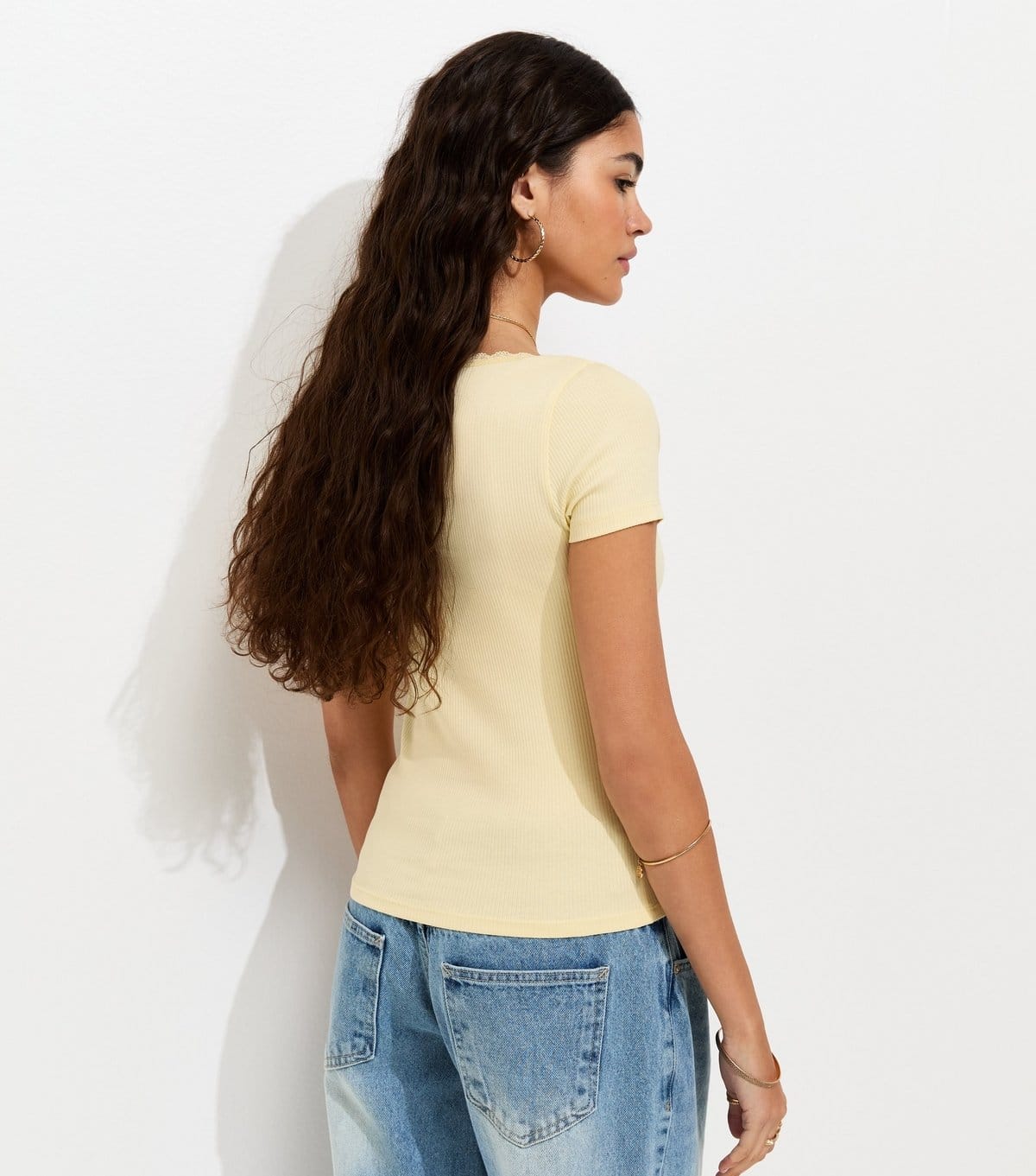 New Look Women's Yellow Lace Trim Scoop Neck T-Shirt New Look - 4
