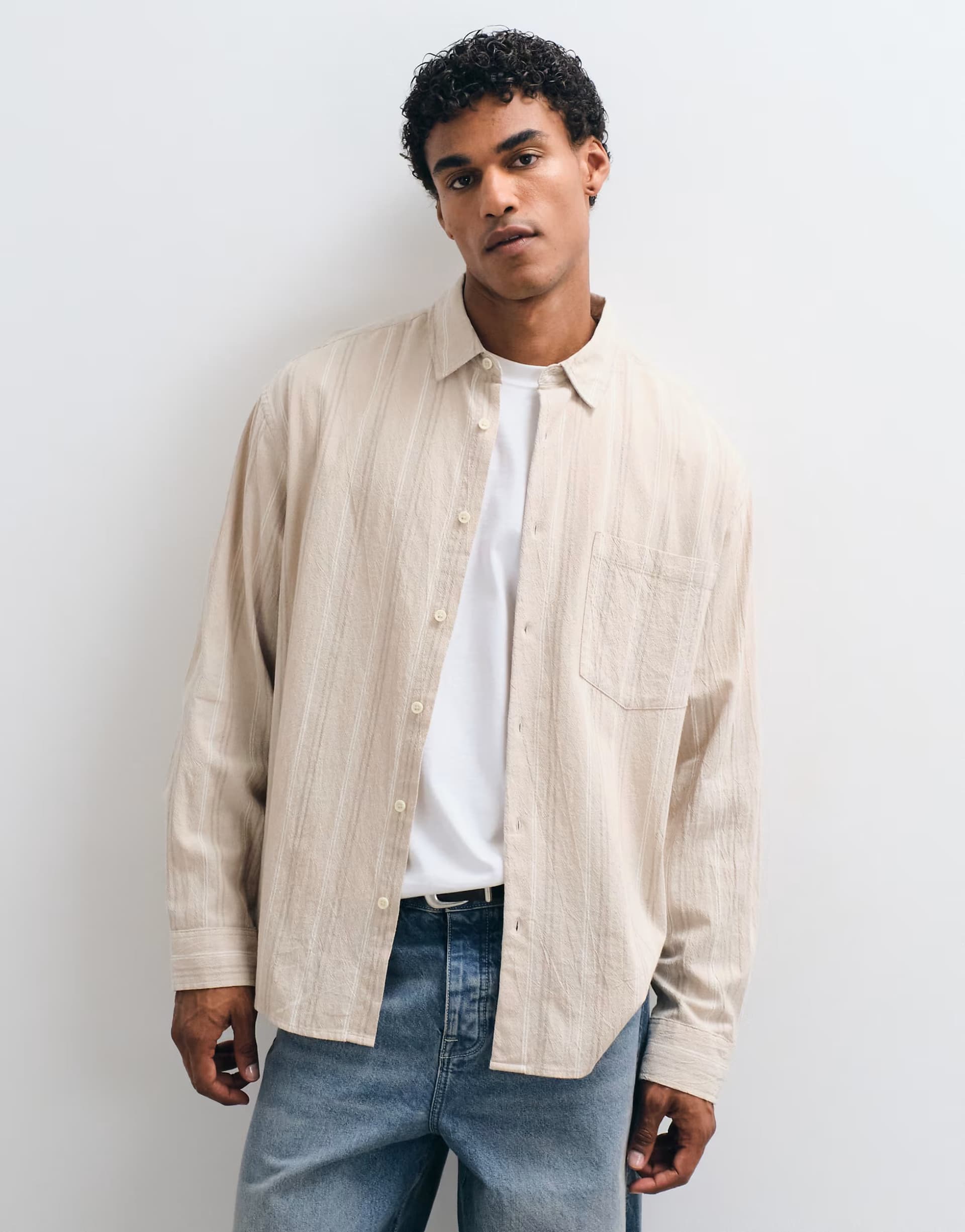 ASOS ASOS DESIGN oversized linen look stripe shirt in beige