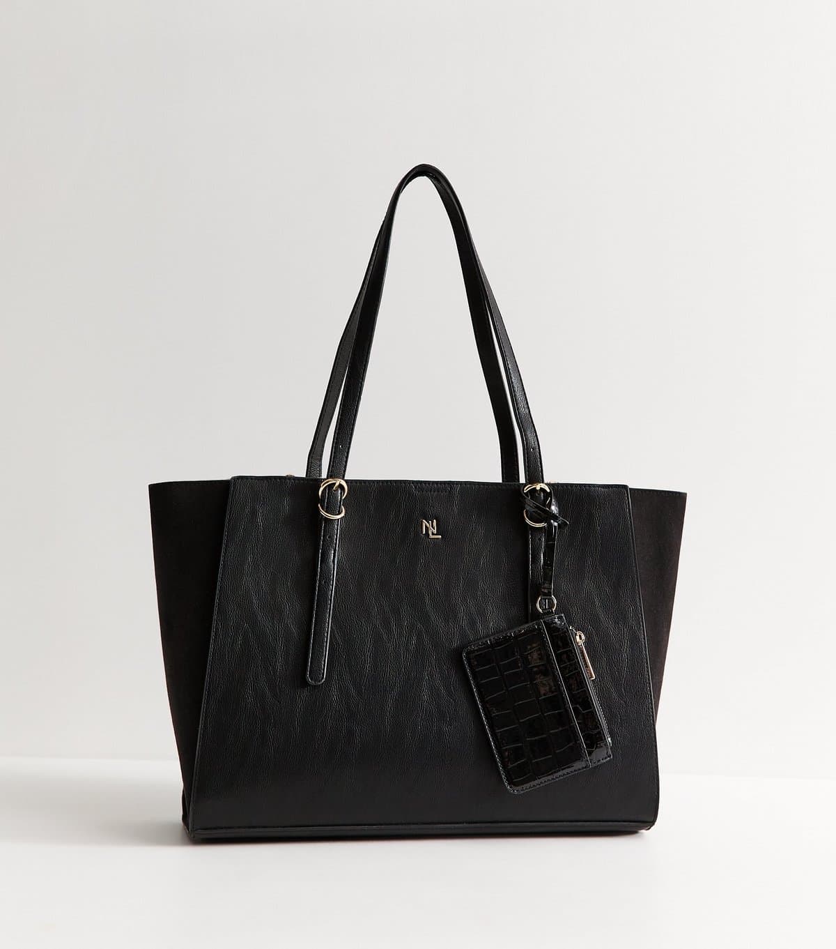 New Look Black Faux Leather Detachable Purse Tote Bag Vegan New Look