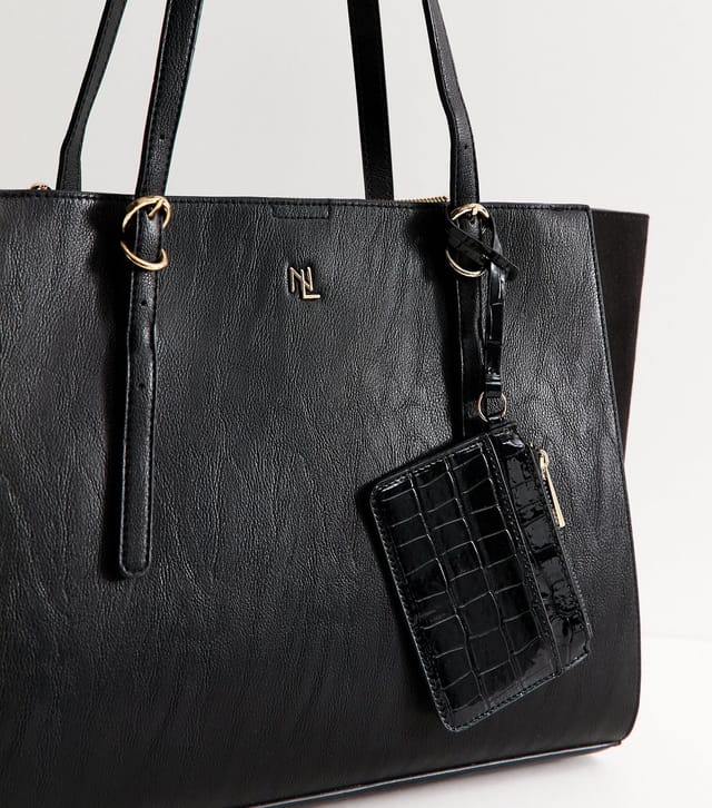 New Look Black Faux Leather Detachable Purse Tote Bag Vegan New Look - 3