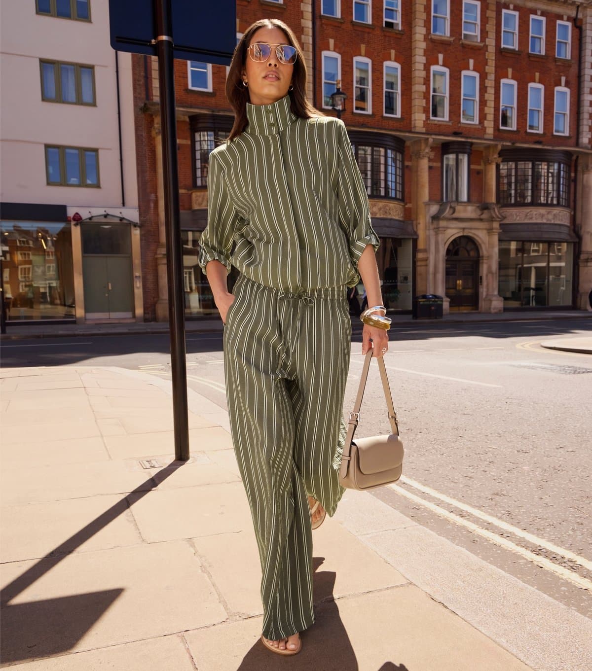 New Look Women's Green Striped Drawstring Wide Leg Trousers New Look