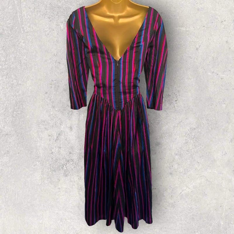 Monsoon Monsoon Womens Vintage 80's Multicoloured Silk Striped Fit Flare Dress UK 10/12