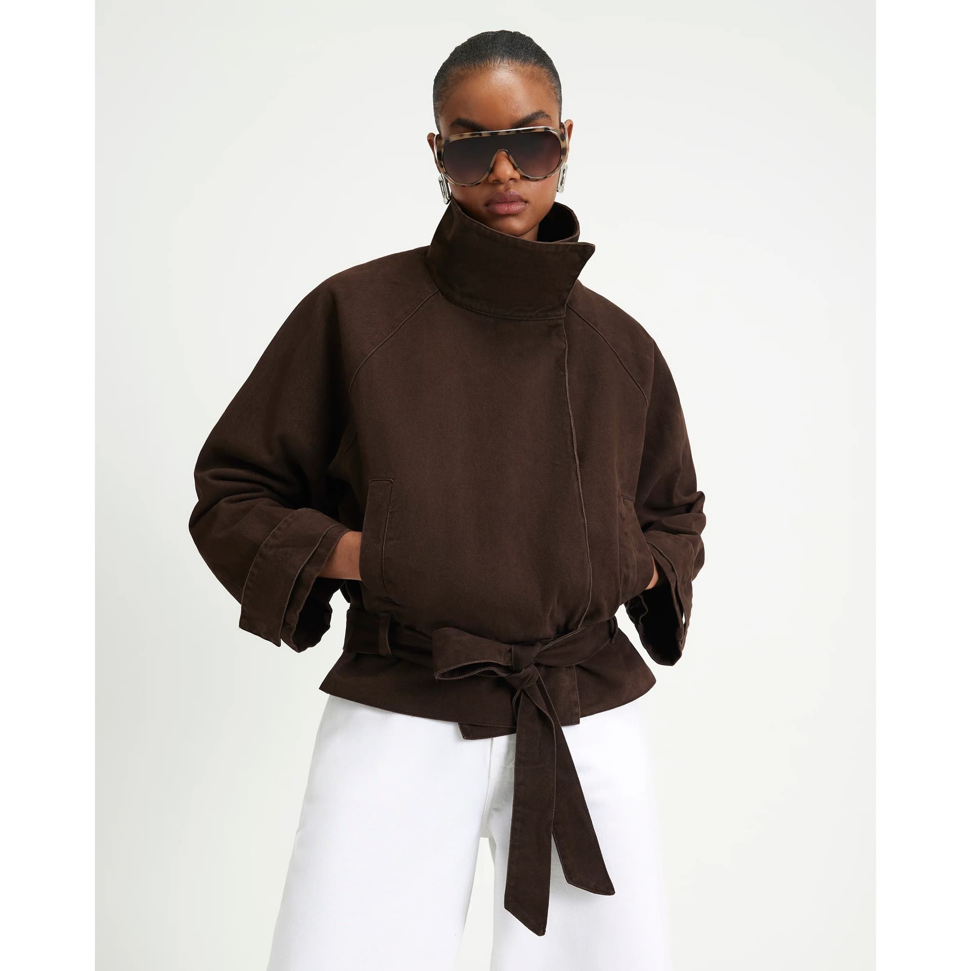 River Island River Island Womens Brown Washed Cotton Funnel Neck Jacket