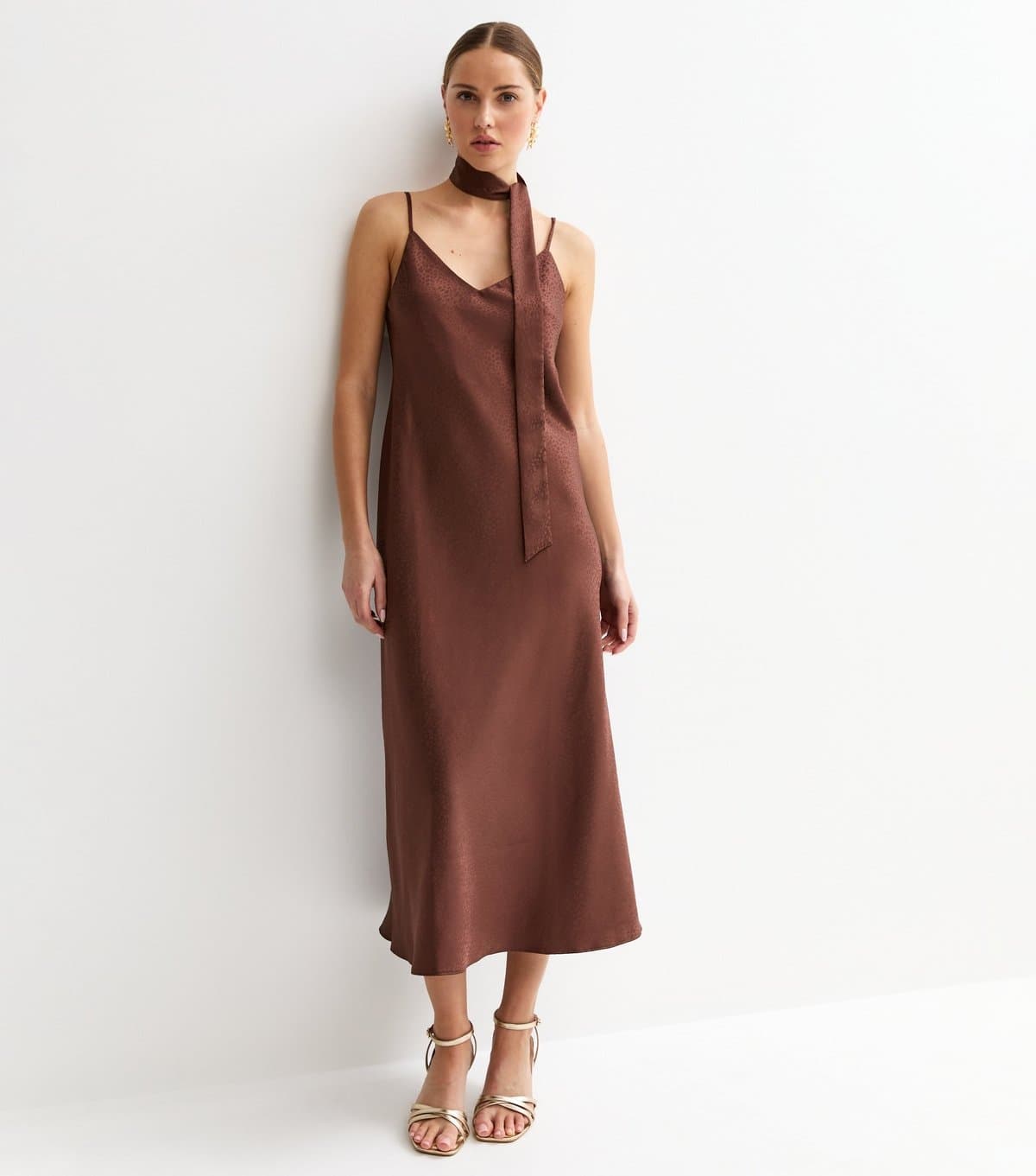 New Look Women's Dark Brown Satin Slip Midi Dress with Scarf New Look