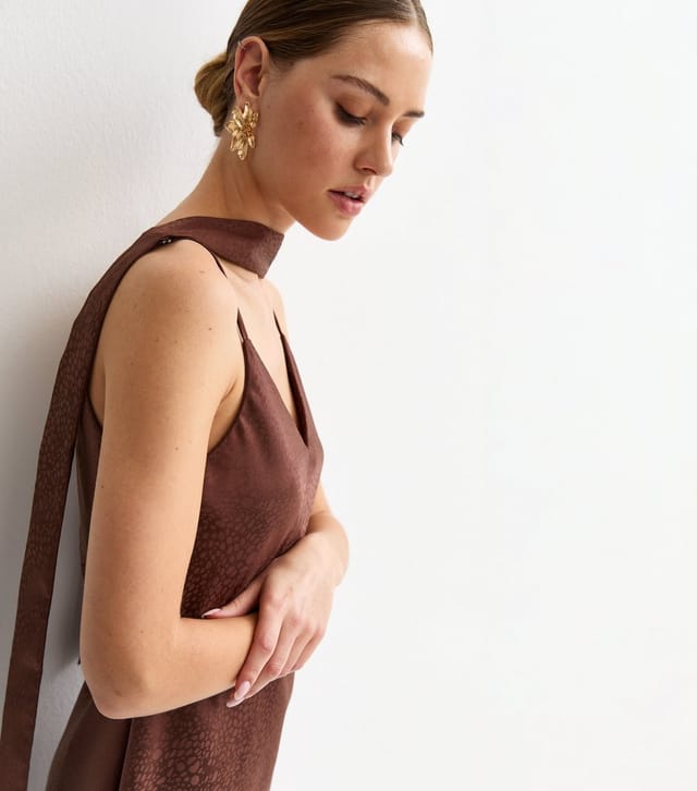 New Look Women's Dark Brown Satin Slip Midi Dress with Scarf New Look - 3