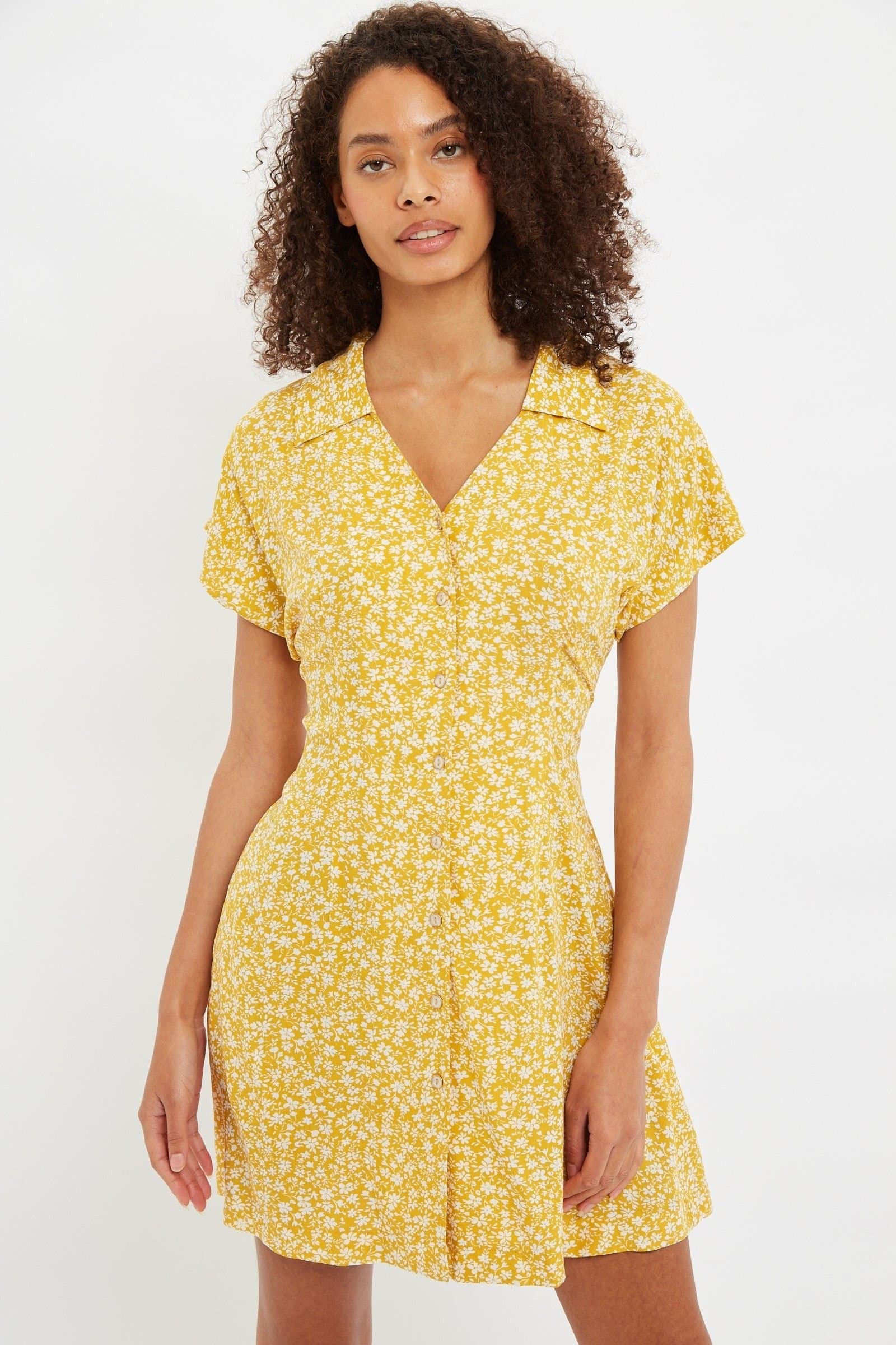 Louche Louche Women's Prudence Micro Blossom Print Short Sleeve Laced Back Mini Dress In in Yellow
