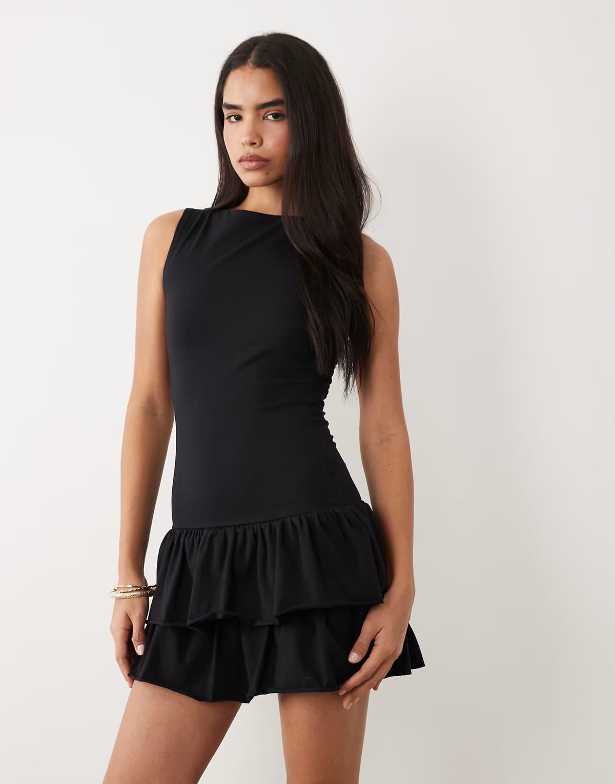 ASOS Fashionkilla exclusive cotton rich sleeveless drop waist ruffle hem mini dress in black - 1