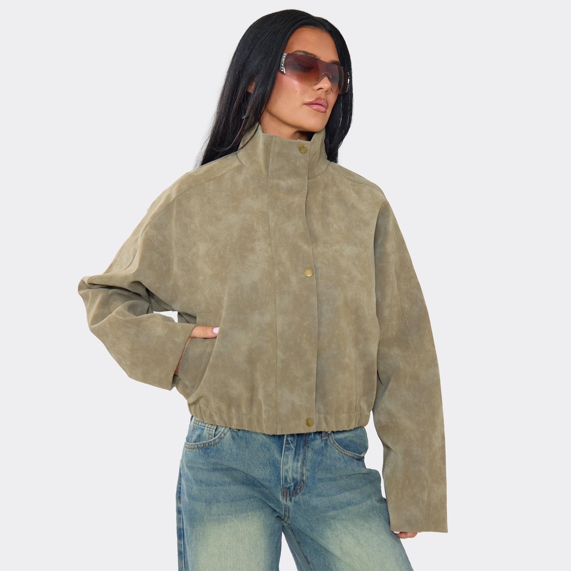 EGO Funnel Neck Washed Jacket In Beige Faux Leather, Women's Size UK 6