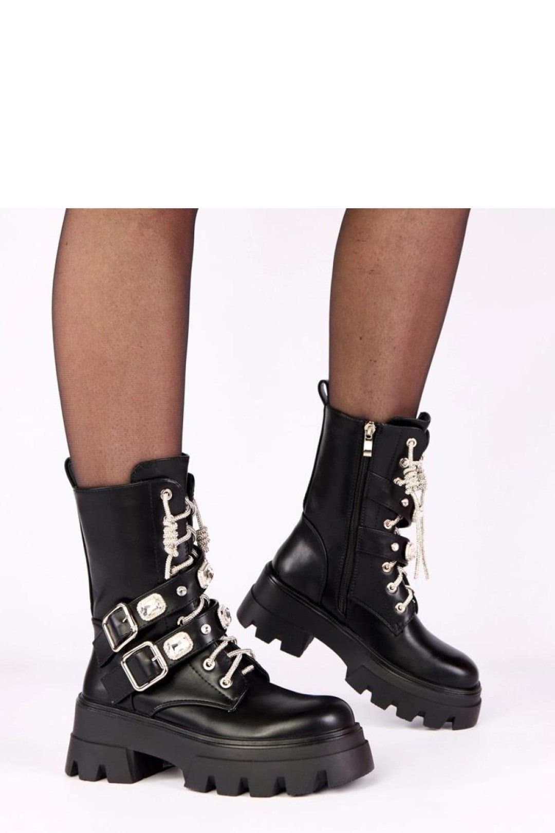 Love Lace Love Lace Black Lace-Up Ankle Boots with Zircon Strap