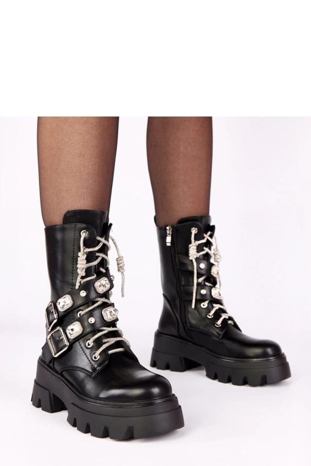 Love Lace Love Lace Women's Stylish Lace Up Ankle Boots with Zircon Strap Zipper Insulated in Black - 2