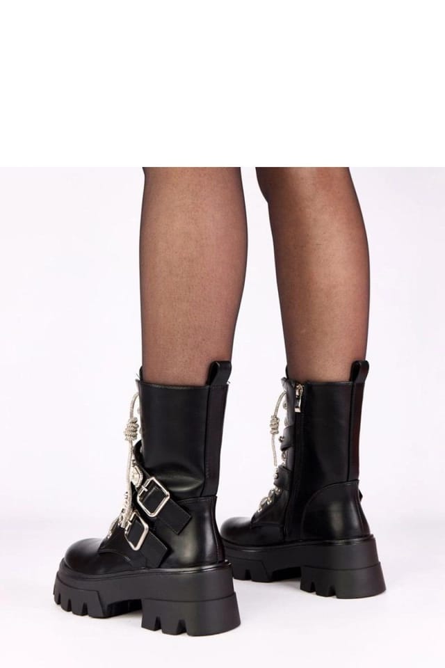Love Lace Love Lace Women's Stylish Lace Up Ankle Boots with Zircon Strap Zipper Insulated in Black - 3