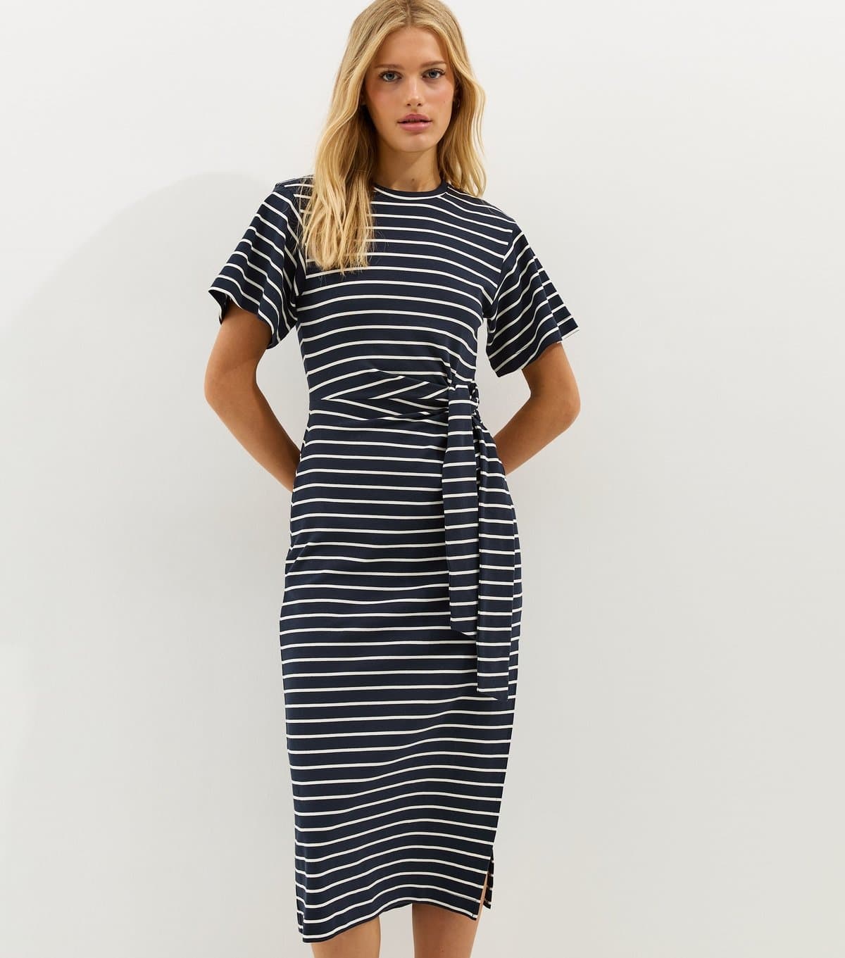 New Look Women's Blue Stripe Tie Waist Midi Dress New Look