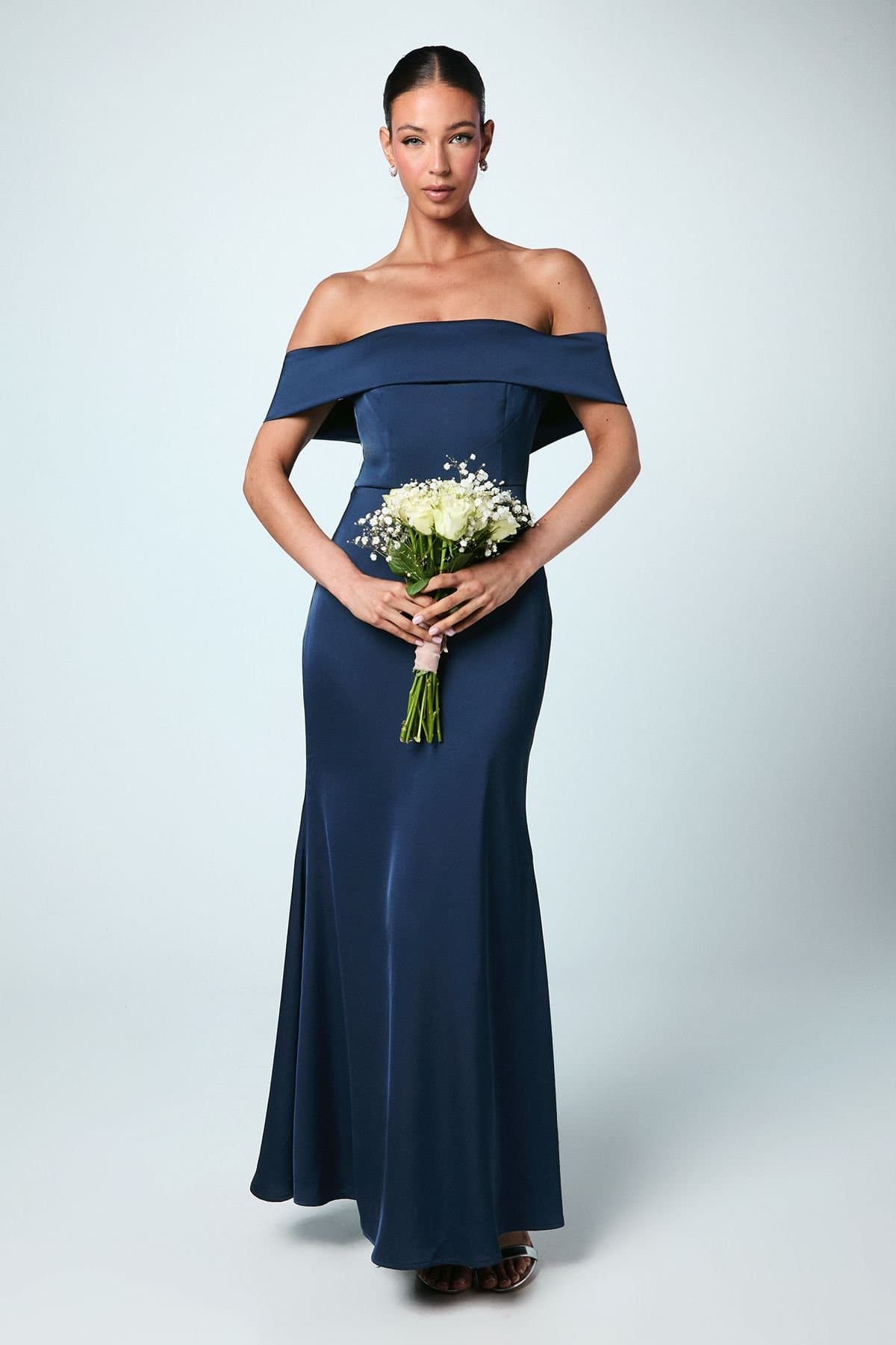Coast Coast Women's Satin Bardot Maxi Bridesmaid Dress in Navy