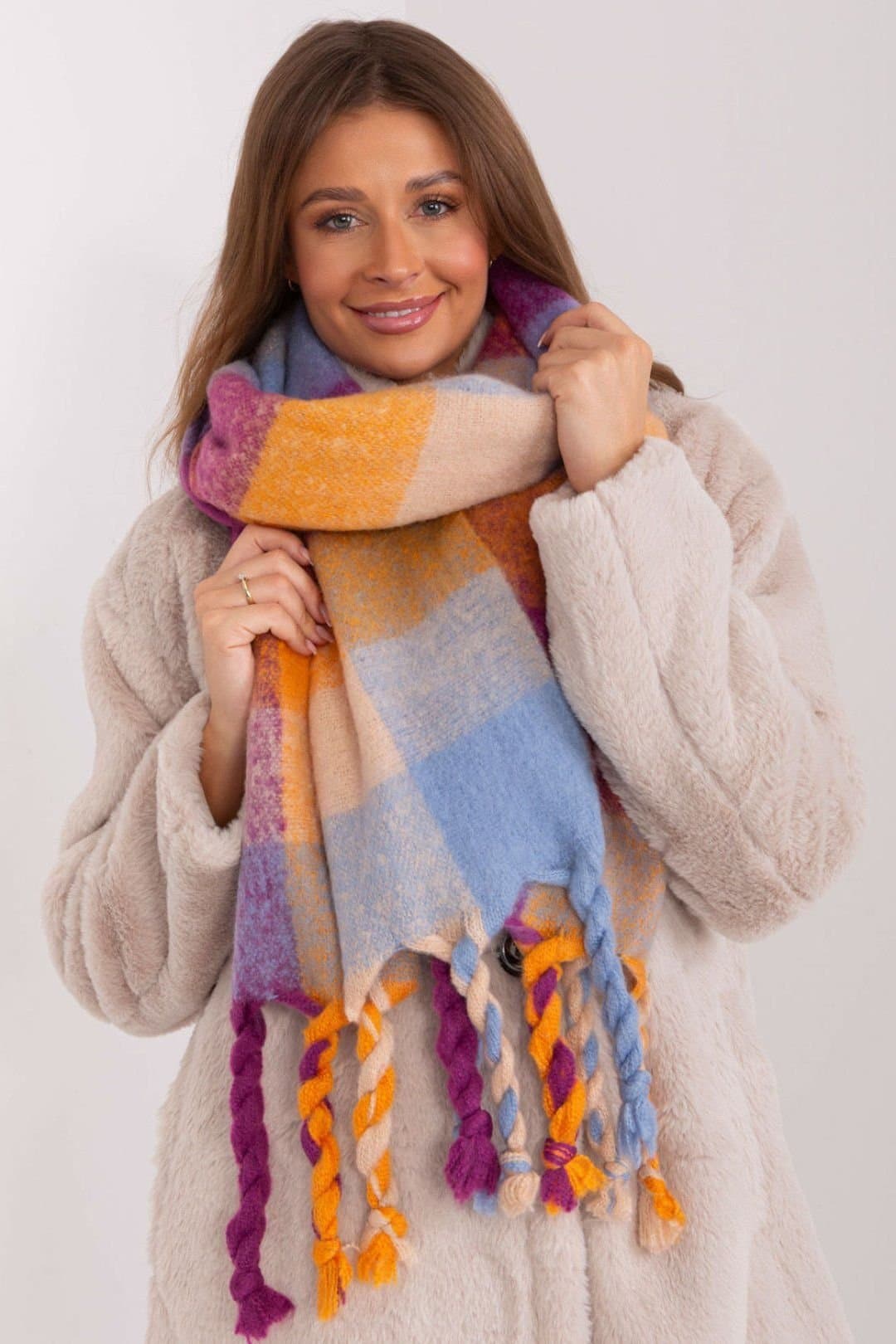 Love Lace Love Lace Women's Colorful Plaid Polyester Scarf with Tassels for Winter Wrap in Violet