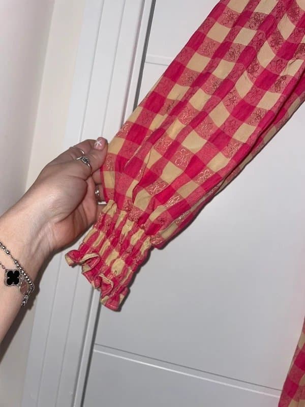 Never Fully Dressed Never Fully Dressed Pink Checked Flower Print Wrap Midi Dress Size 14 Summer pretty unusual