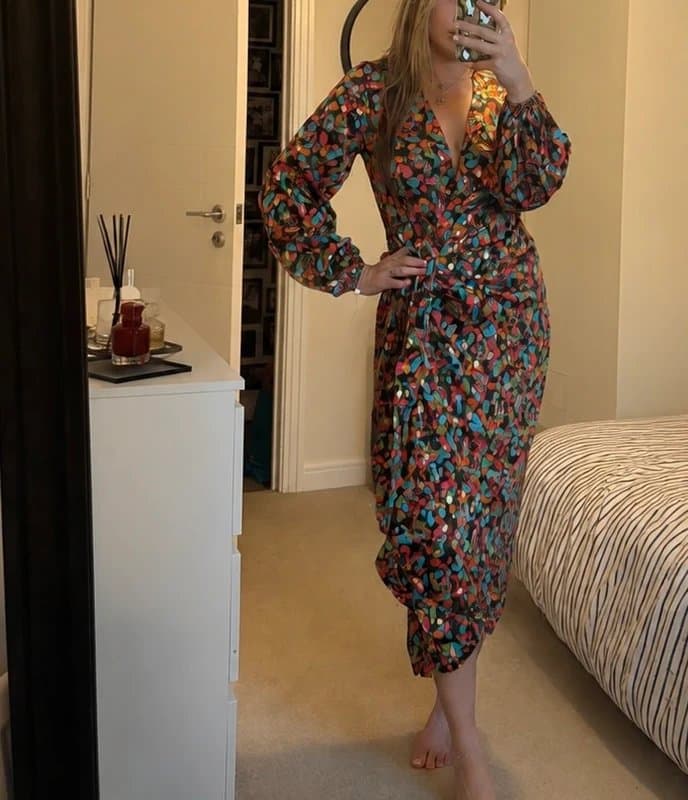 Never Fully Dressed Never Fully Dressed Khaki Colourful Long Sleeve Wrap Midaxi Dress Size 10 Party occasion wedding