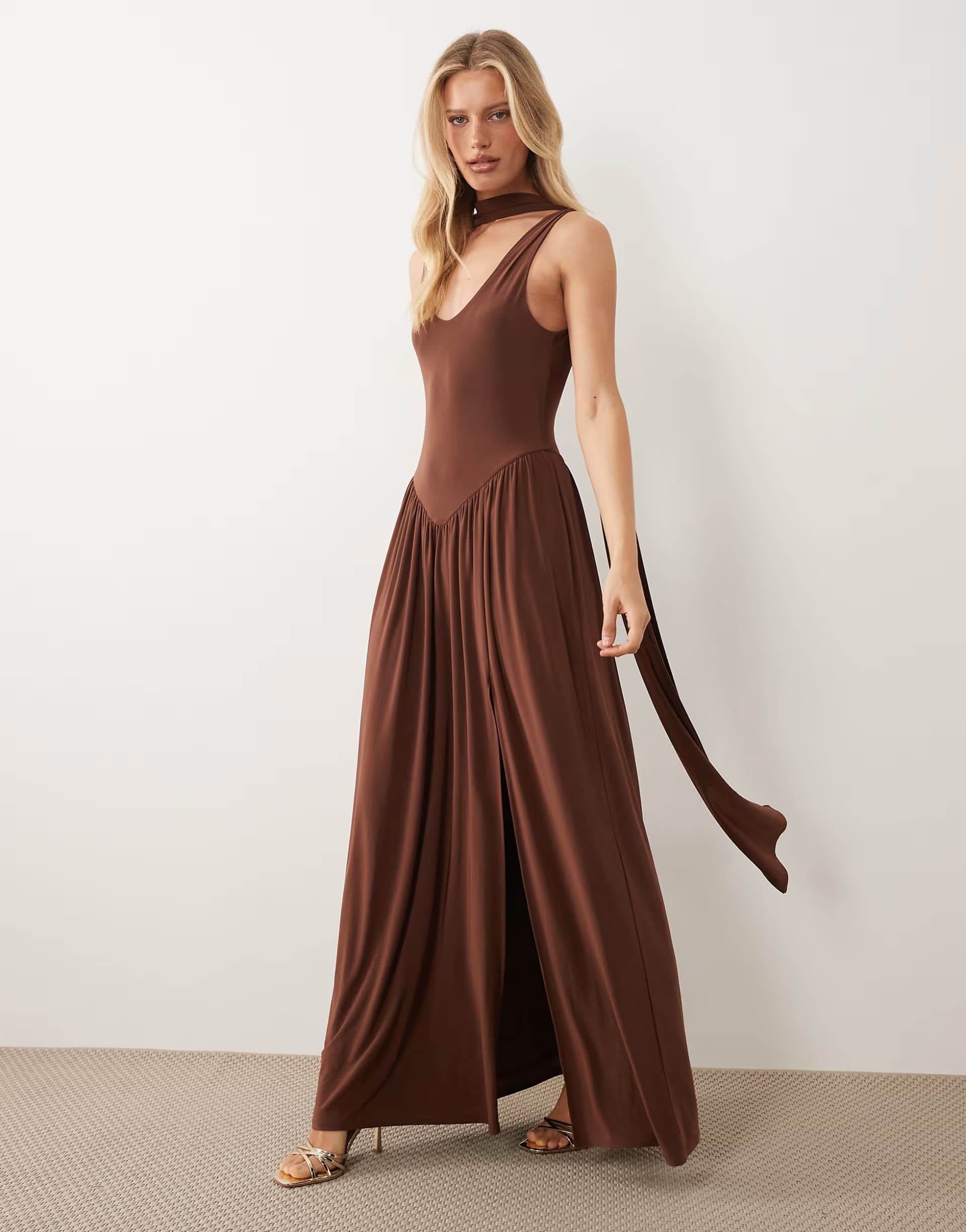 ASOS ASOS DESIGN slinky maxi dress with scarf detail in chocolate