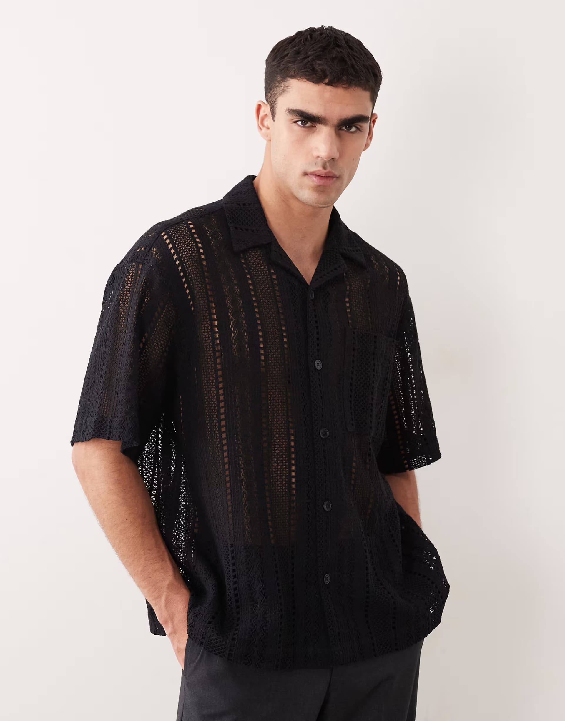 ASOS ASOS DESIGN oversized crochet revere shirt in black