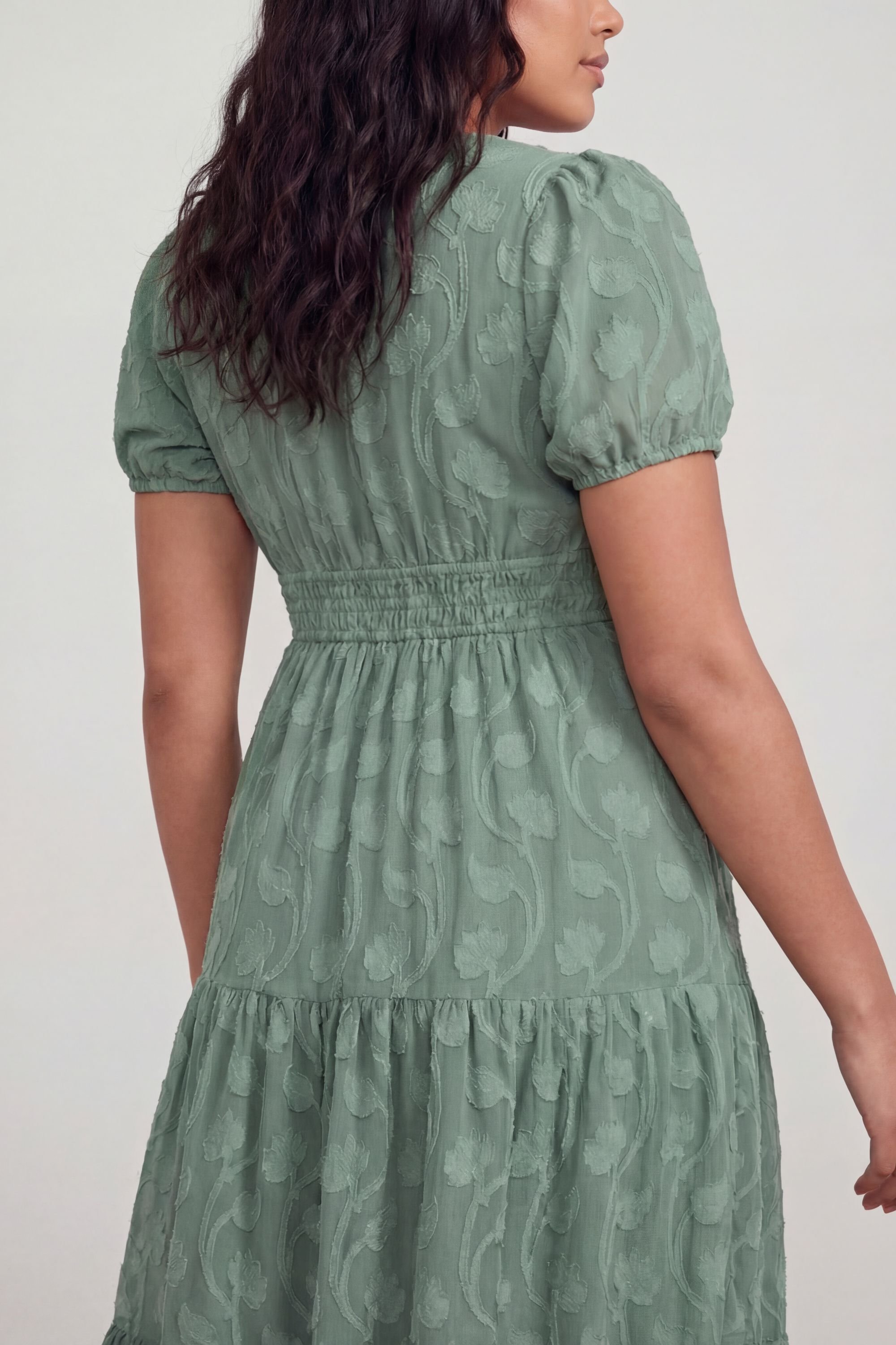 Lovedrobe Lovedrobe Women's Short Sleeve Floral Burnout Midi Dress in Green - 3