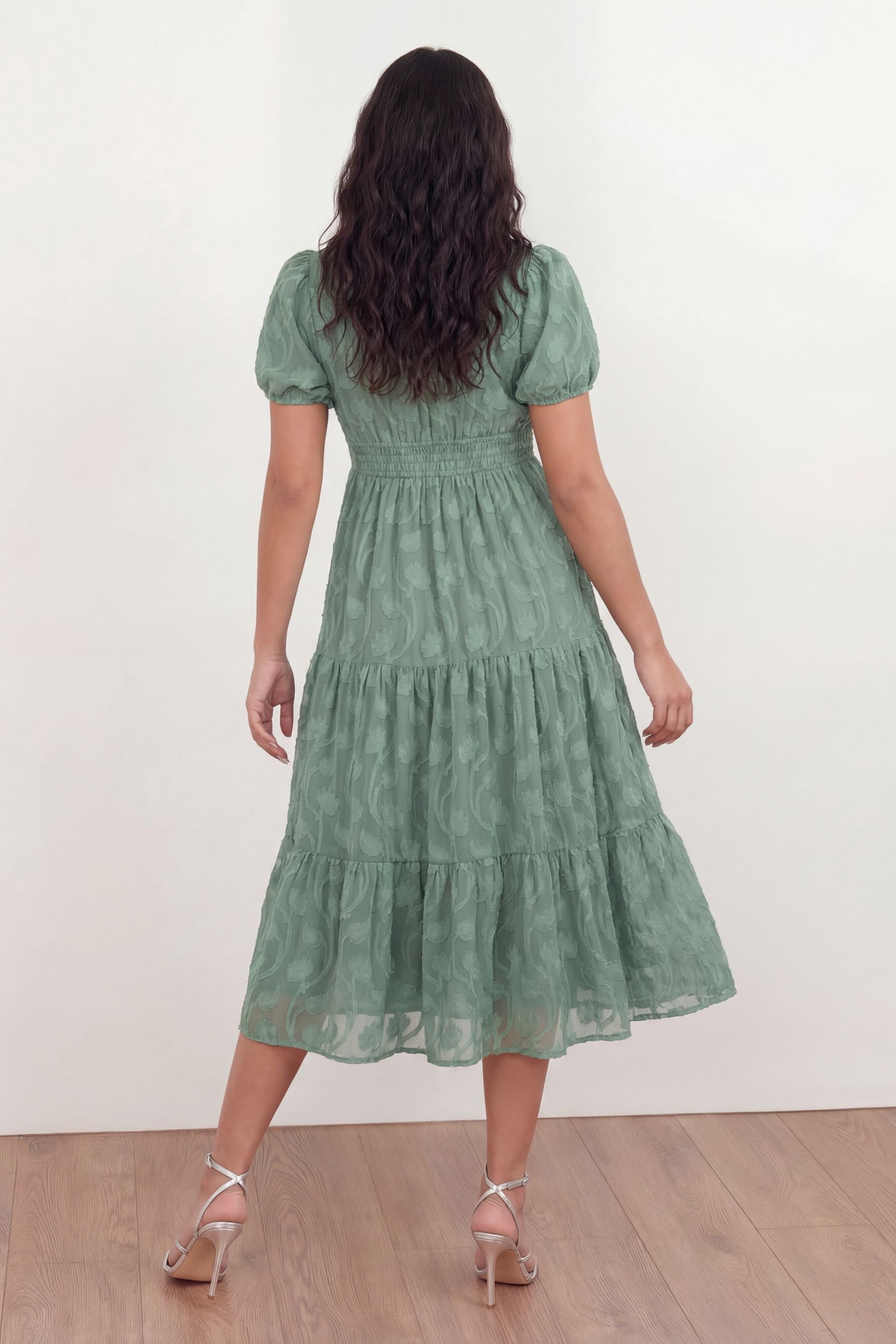 Lovedrobe Lovedrobe Women's Short Sleeve Floral Burnout Midi Dress in Green - 4