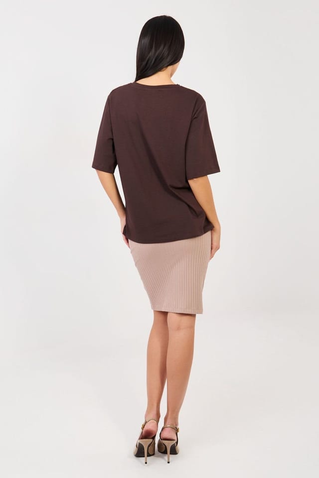 Love Lace Love Lace Women's Midi Ribbed Cotton Elastane Skirt Elastic Waist in Beige - 3