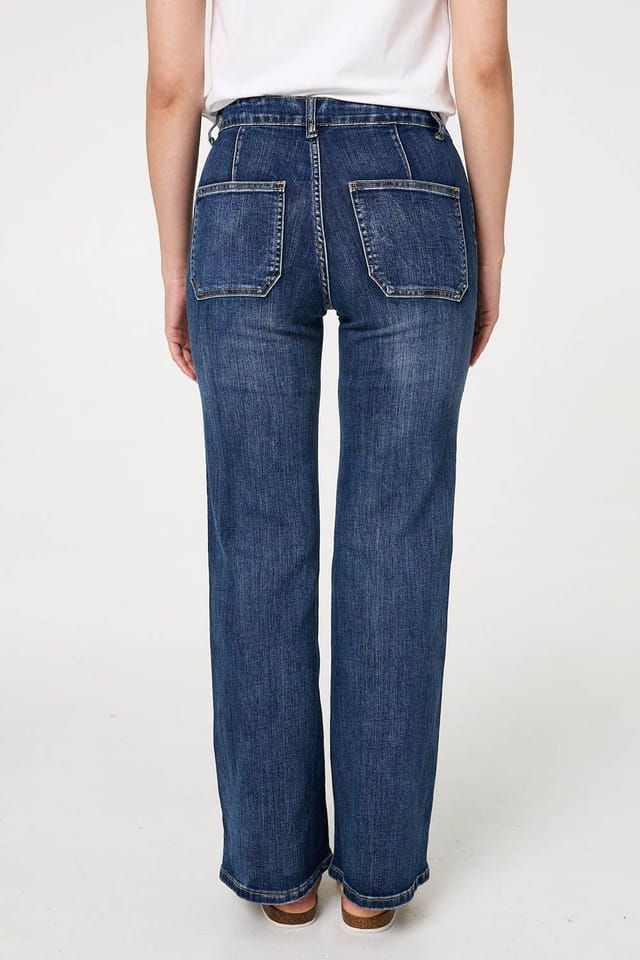 Izabel London Izabel London Women's Stud Trim Detail High Waist Flare Jeans in Blue - 2