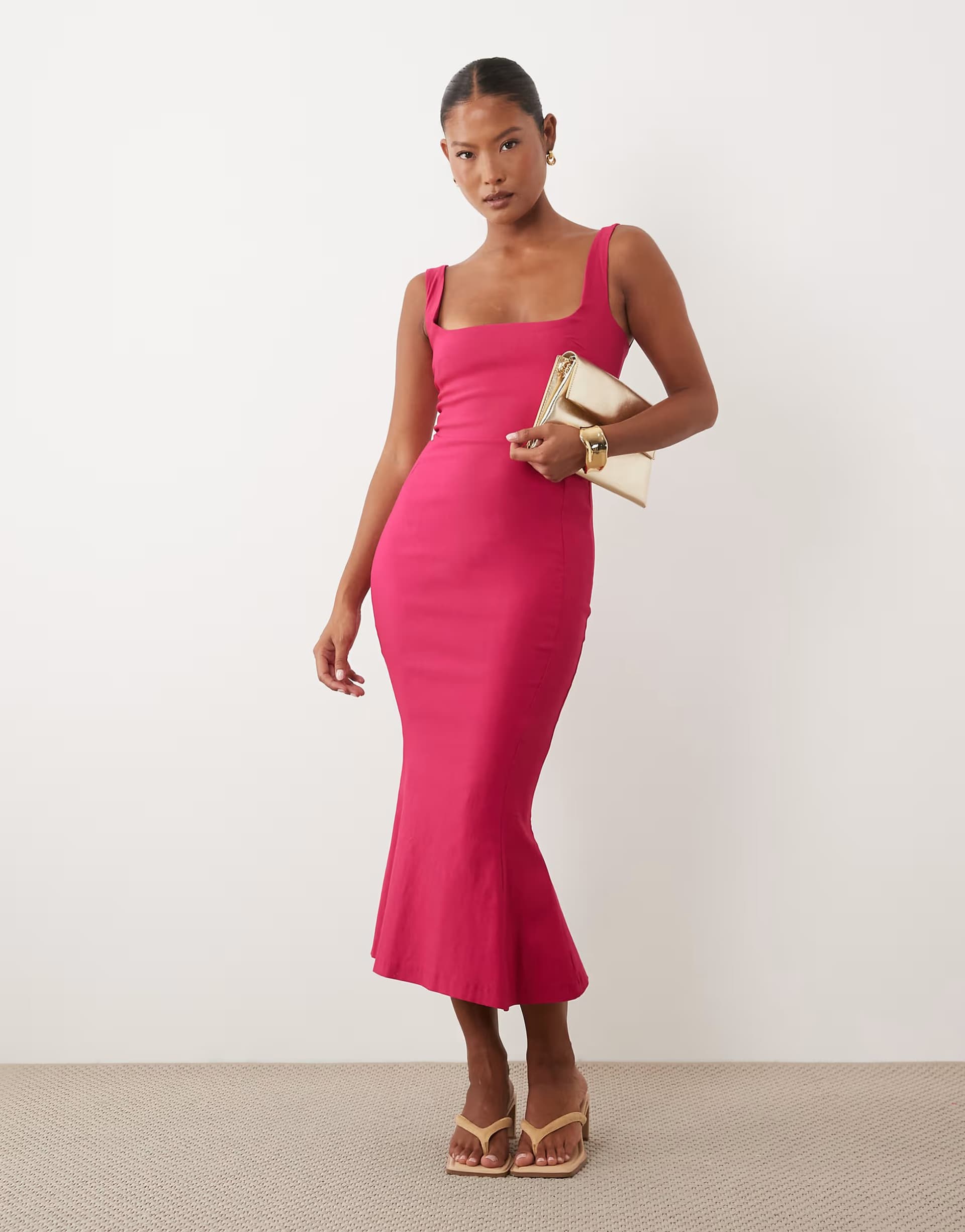 ASOS Vesper Petite bengaline sleeveless square neck fishtail midi dress in pink