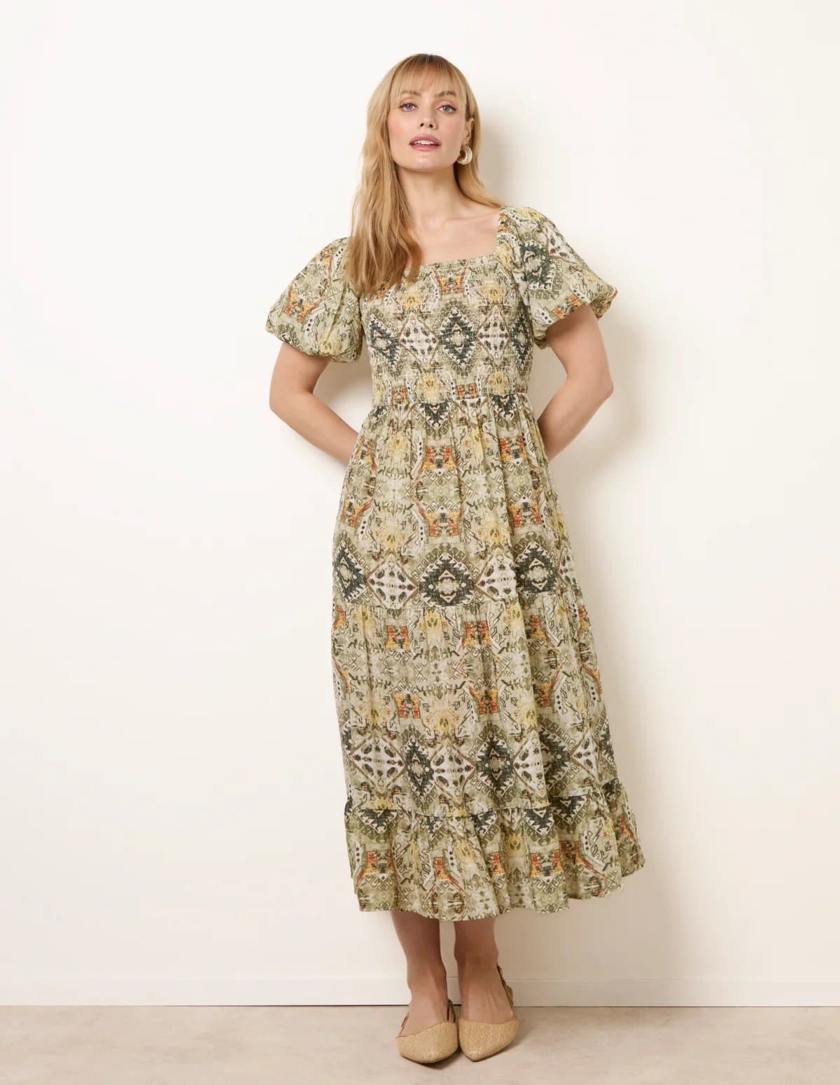 Blue Vanilla Abstract Print Puff Sleeve Midi Dress