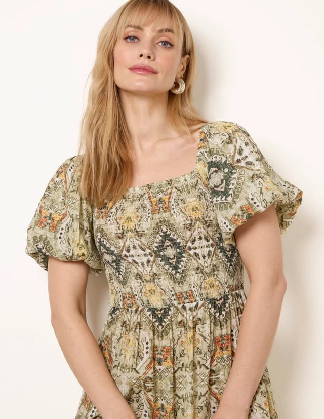 Blue Vanilla Abstract Print Puff Sleeve Midi Dress - 2