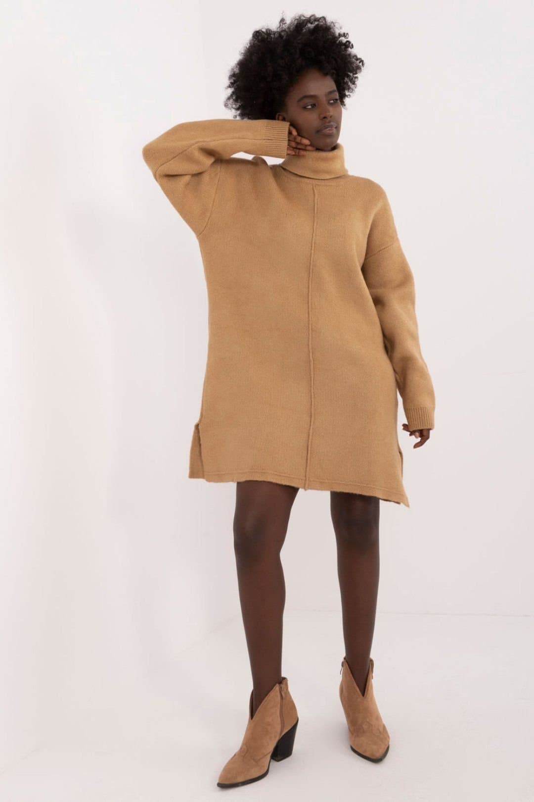 Love Lace Love Lace Women's Everyday Turtleneck Mini Dress Smooth Acrylic in Camel
