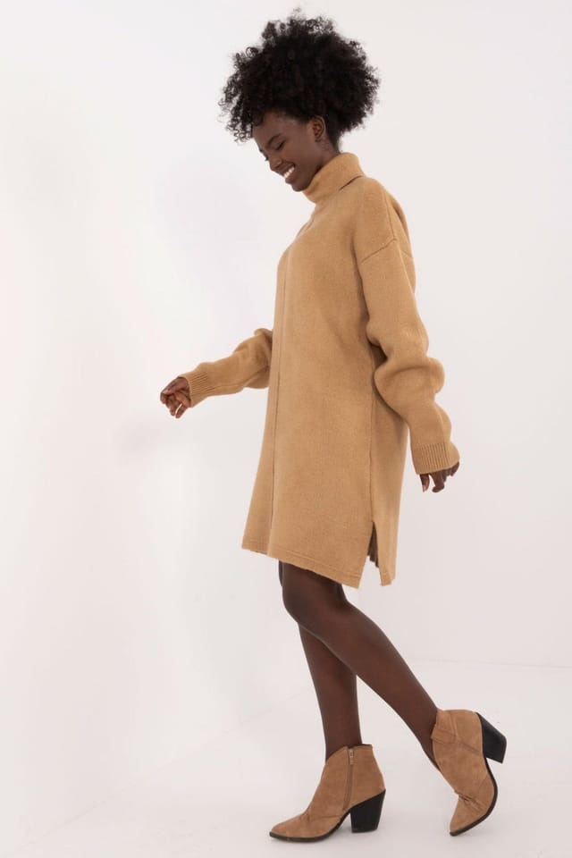 Love Lace Love Lace Women's Everyday Turtleneck Mini Dress Smooth Acrylic in Camel - 2