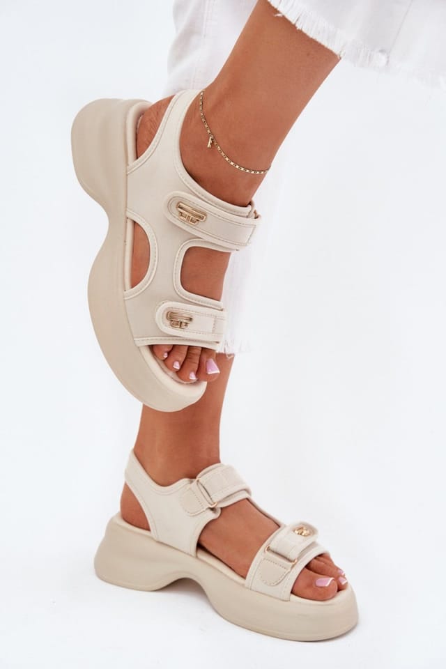 Love Lace Love Lace Women's Textile Platform Sandals with Double Velcro & Gold Details in Beige - 3