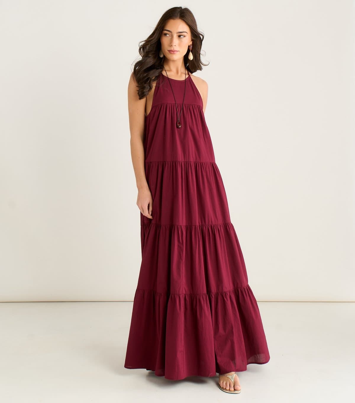 Gini London Women's Burgundy Halter Neck Tiered Maxi Dress Gini London New Look