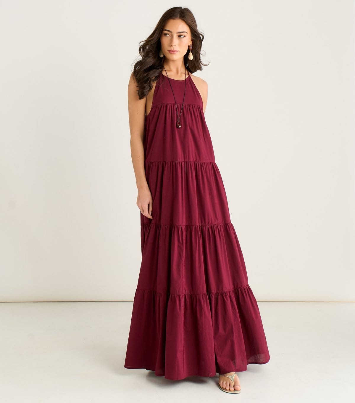 Gini London Burgundy Halter Neck Tiered Maxi Dress