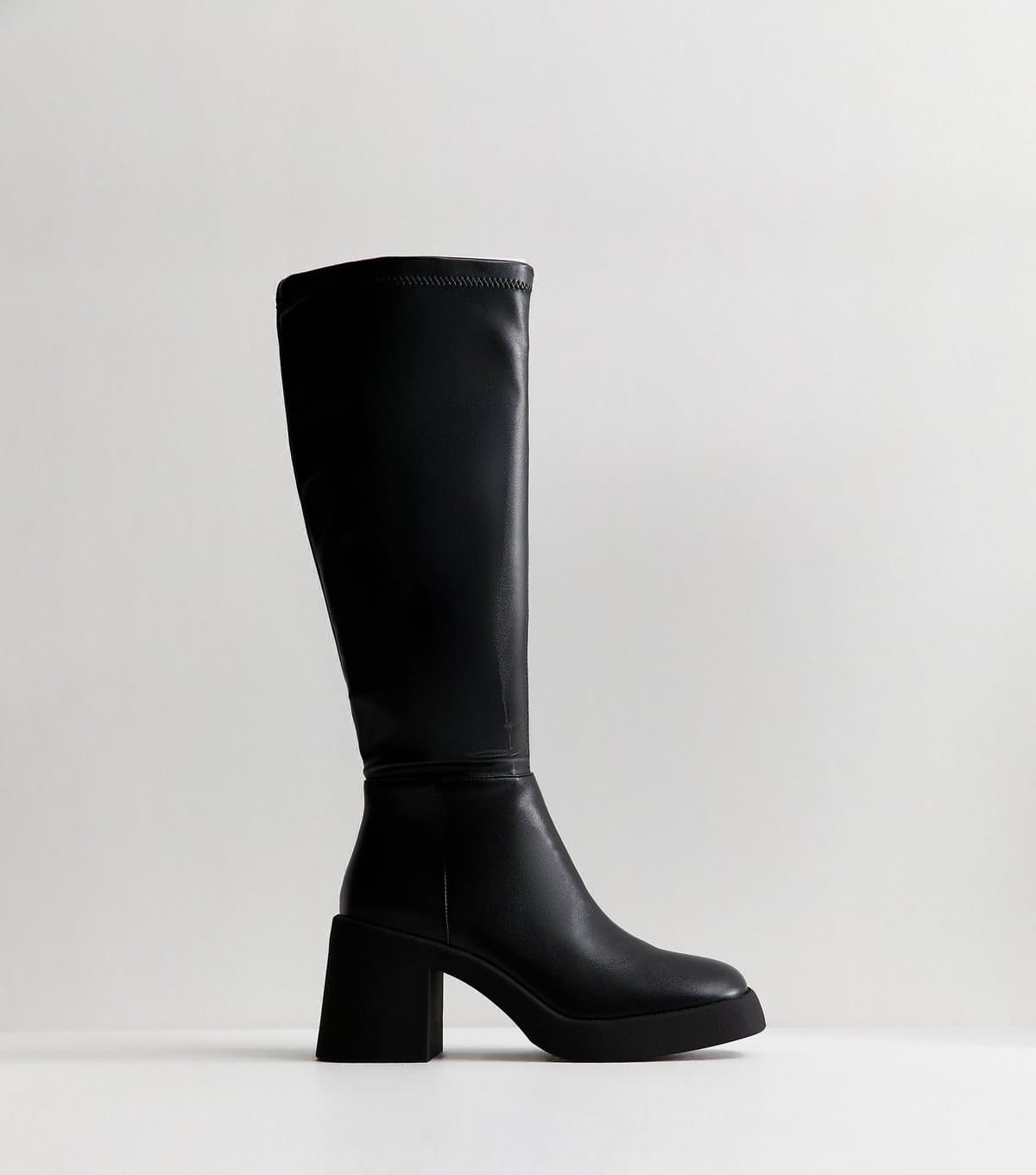 New Look Women's Slim Calf Fit Faux Leather Black Stretch Chunky Boots Vegan New Look