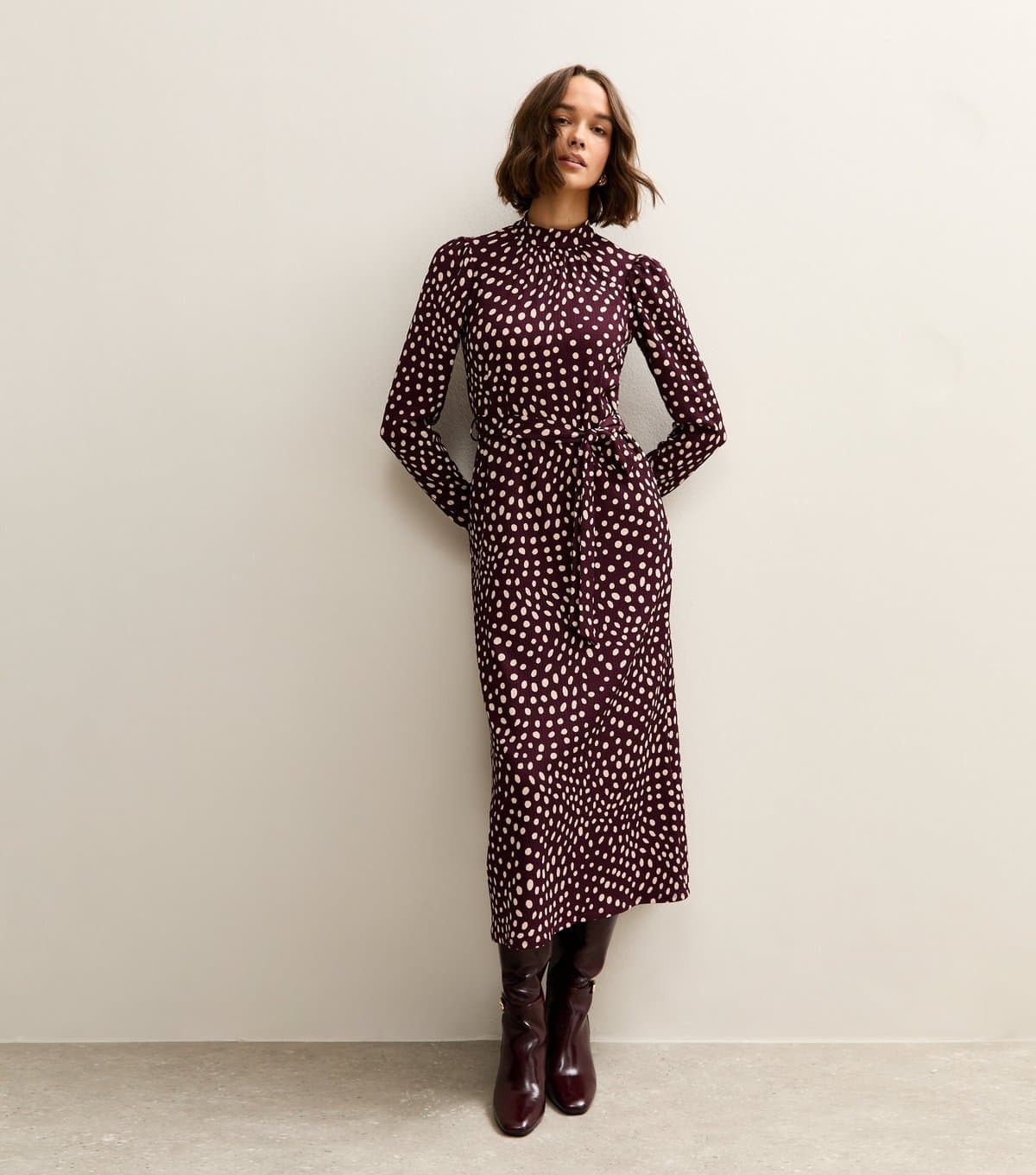 New Look Women's Dark Red Spotty High Neck Midi Dress New Look