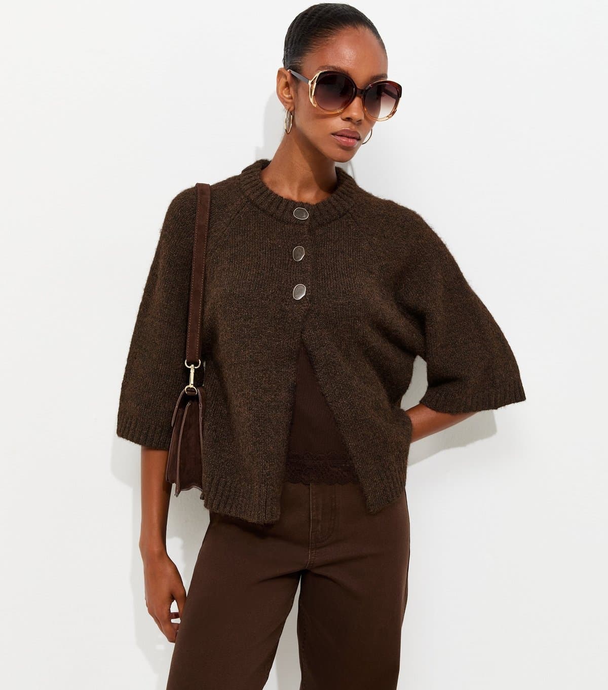 New Look Women's Dark Brown Knitted Short Sleeve Cape Cardigan New Look