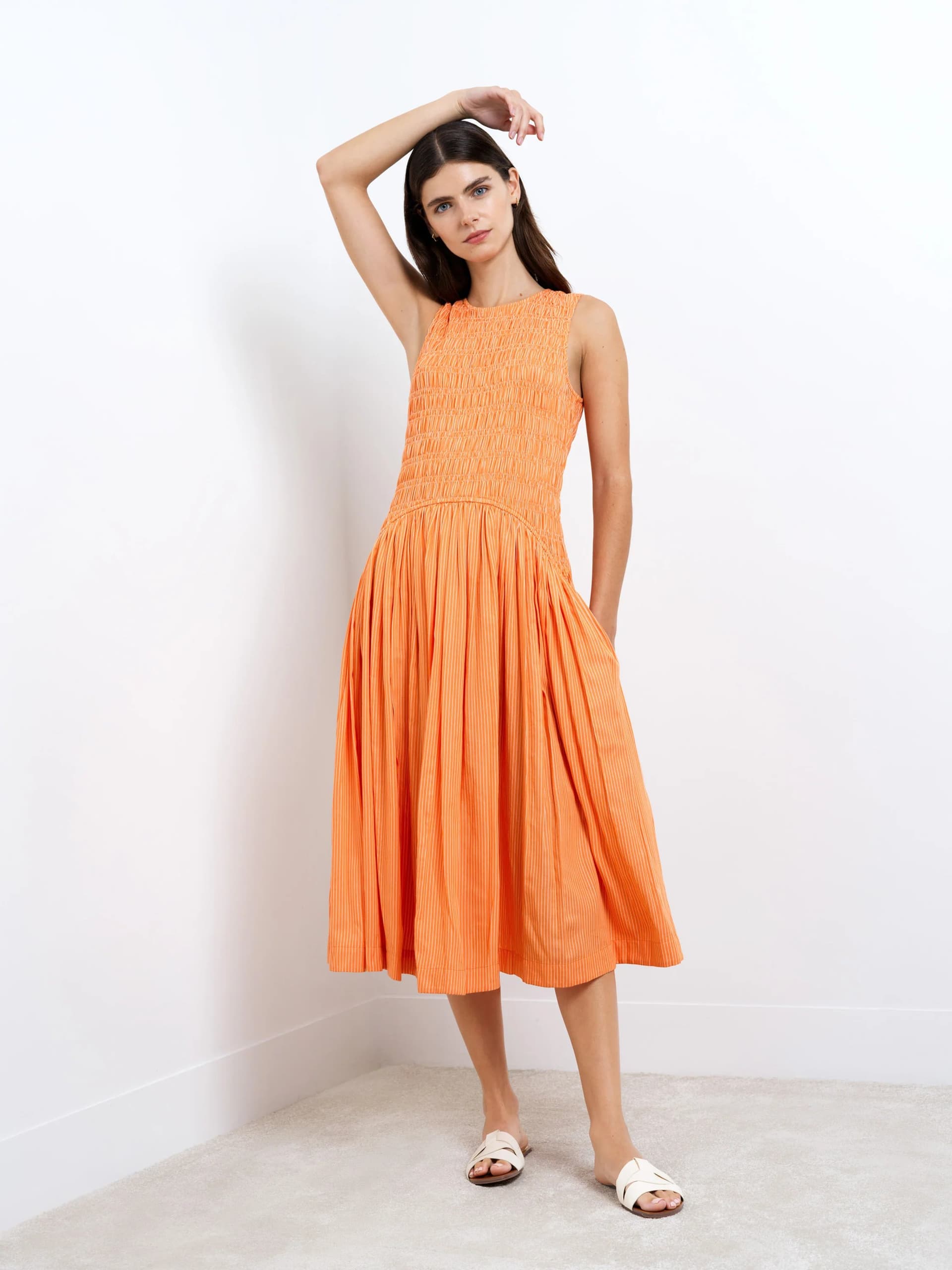 French Connection Alexis Cotton Striped Smocked Orange Midi Dress Orange/Cream