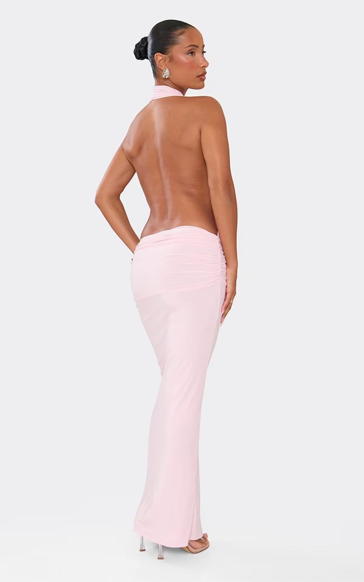EGO High Neck Open Back Ruched Maxi Dress In Baby Pink, Women's Size UK 6 - 1