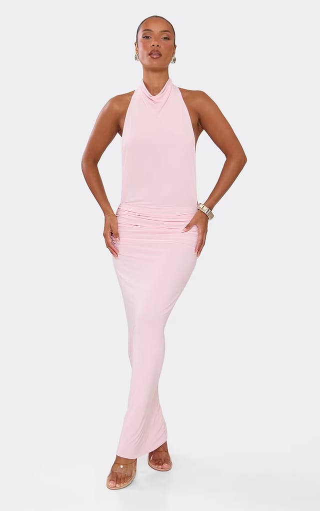 EGO High Neck Open Back Ruched Maxi Dress In Baby Pink, Women's Size UK 6 - 2
