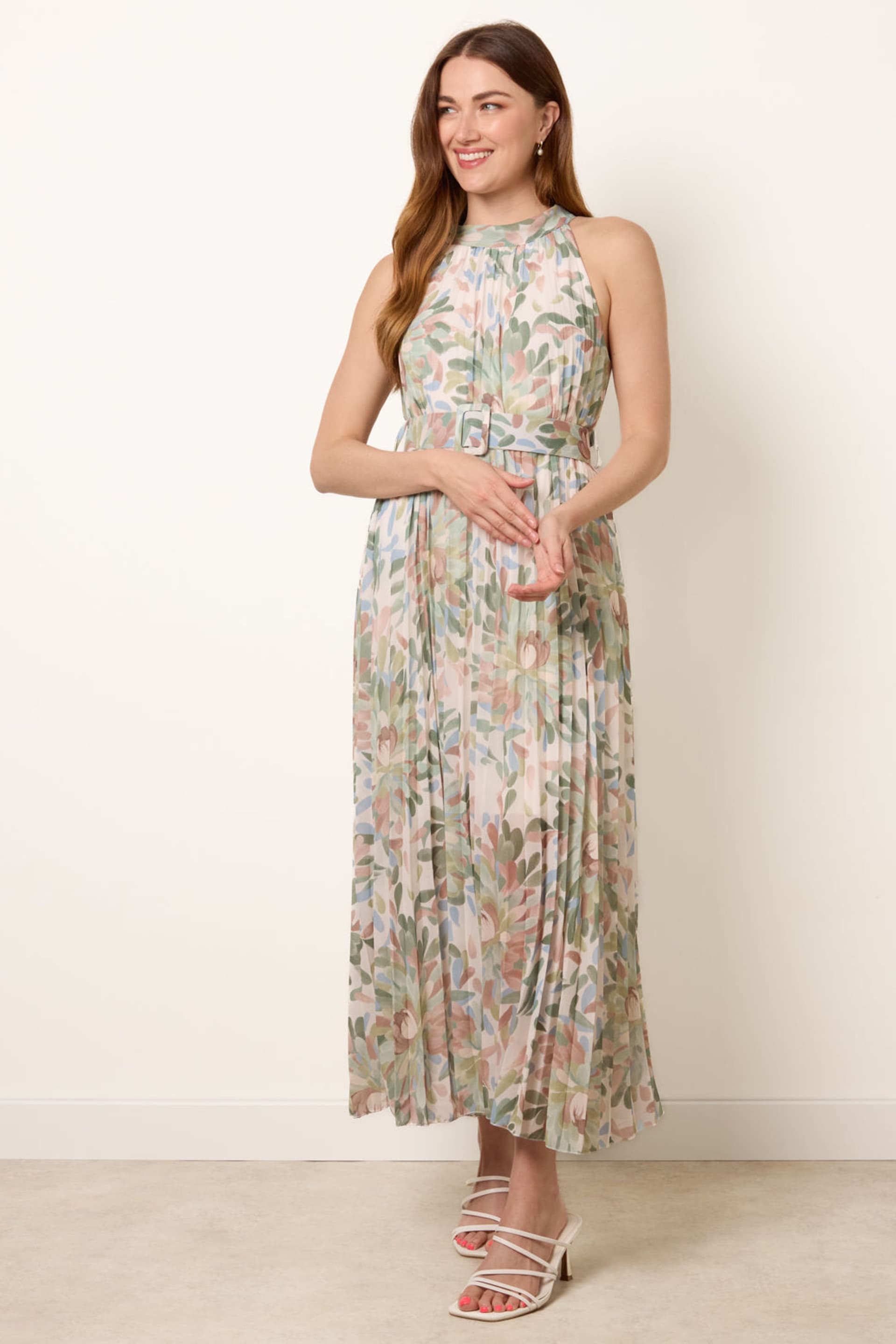 Blue Vanilla Blue Vanilla Women's Green Printed Pleated Dress With Belt