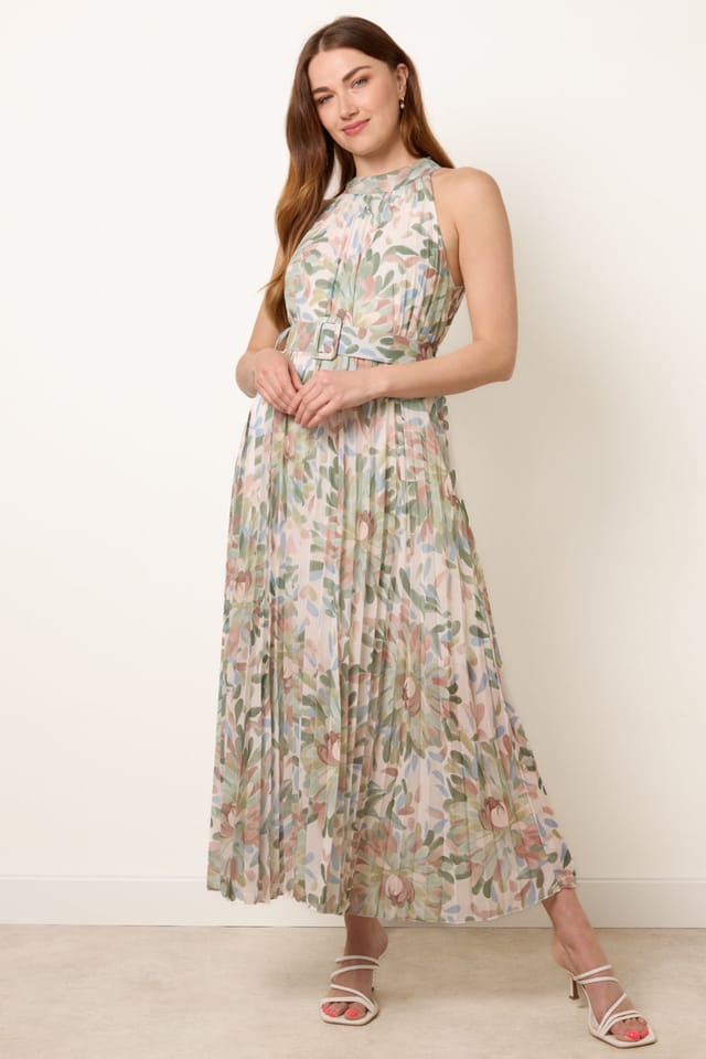 Blue Vanilla Blue Vanilla Women's Green Printed Pleated Dress With Belt - 3