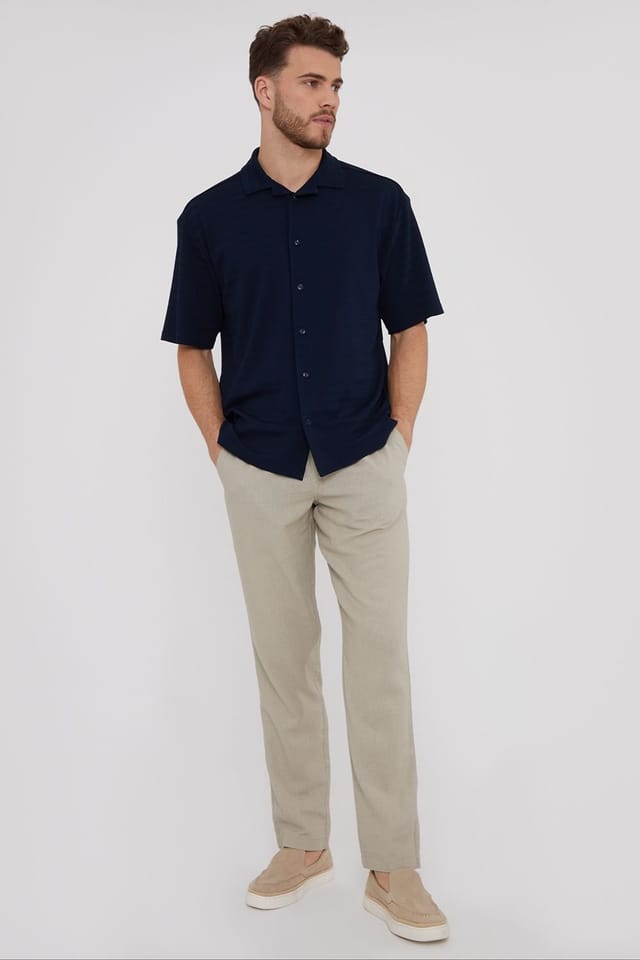 Threadbare Threadbare Men's 'Fellow' Linen Blend Drawcord Trousers in Stone - 3