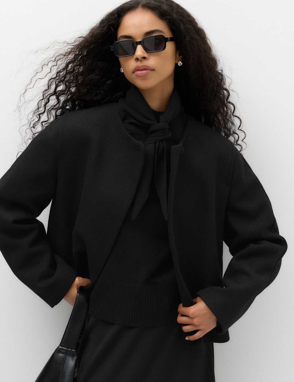 Marks & Spencer M&S Collarless Short Button Through Jacket with Wool Black