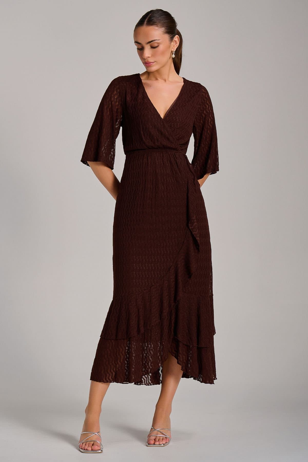 Jolie Moi Jolie Moi Women's Textured Ruffle Hem Knitted Maxi Dress in Brown